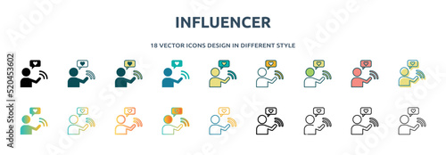influencer icon in 18 different styles such as thin line, thick line, two color, glyph, colorful, lineal color, detailed, stroke and gradient. set of influencer vector for web, mobile, ui