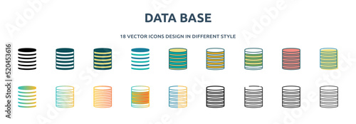 data base icon in 18 different styles such as thin line, thick line, two color, glyph, colorful, lineal color, detailed, stroke and gradient. set of data base vector for web, mobile, ui