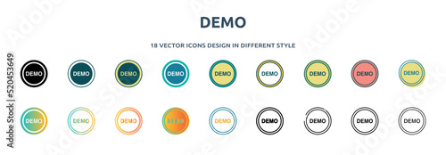 demo icon in 18 different styles such as thin line, thick line, two color, glyph, colorful, lineal color, detailed, stroke and gradient. set of demo vector for web, mobile, ui