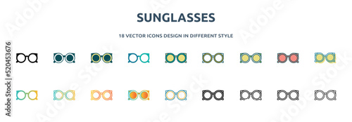 sunglasses icon in 18 different styles such as thin line, thick line, two color, glyph, colorful, lineal color, detailed, stroke and gradient. set of sunglasses vector for web, mobile, ui