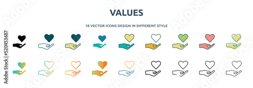 values icon in 18 different styles such as thin line, thick line, two color, glyph, colorful, lineal color, detailed, stroke and gradient. set of values vector for web, mobile, ui