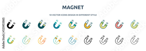 magnet icon in 18 different styles such as thin line, thick line, two color, glyph, colorful, lineal color, detailed, stroke and gradient. set of magnet vector for web, mobile, ui