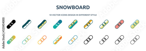 snowboard icon in 18 different styles such as thin line, thick line, two color, glyph, colorful, lineal color, detailed, stroke and gradient. set of snowboard vector for web, mobile, ui
