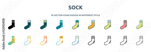 sock icon in 18 different styles such as thin line, thick line, two color, glyph, colorful, lineal color, detailed, stroke and gradient. set of sock vector for web, mobile, ui