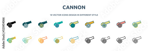cannon icon in 18 different styles such as thin line, thick line, two color, glyph, colorful, lineal color, detailed, stroke and gradient. set of cannon vector for web, mobile, ui