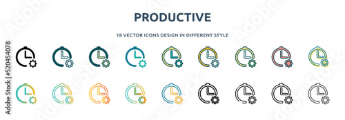 productive icon in 18 different styles such as thin line, thick line, two color, glyph, colorful, lineal color, detailed, stroke and gradient. set of productive vector for web, mobile, ui