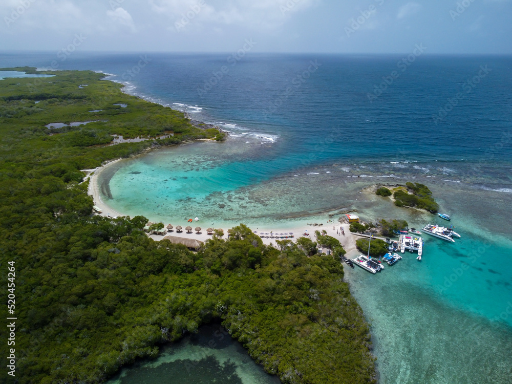 Aerial image of Boca Seca islet with its crystal clear waters, located in Morrocoy National Park, Venezuela.