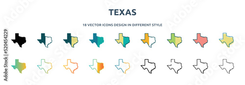 texas icon in 18 different styles such as thin line, thick line, two color, glyph, colorful, lineal color, detailed, stroke and gradient. set of texas vector for web, mobile, ui