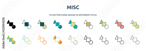 misc icon in 18 different styles such as thin line, thick line, two color, glyph, colorful, lineal color, detailed, stroke and gradient. set of misc vector for web, mobile, ui photo
