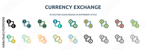 currency exchange icon in 18 different styles such as thin line, thick line, two color, glyph, colorful, lineal color, detailed, stroke and gradient. set of currency exchange vector for web, mobile,