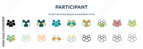 participant icon in 18 different styles such as thin line, thick line, two color, glyph, colorful, lineal color, detailed, stroke and gradient. set of participant vector for web, mobile, ui
