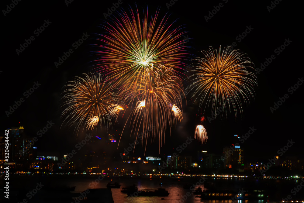 fireworks in the city. fireworks over the river. fireworks in the night sky.