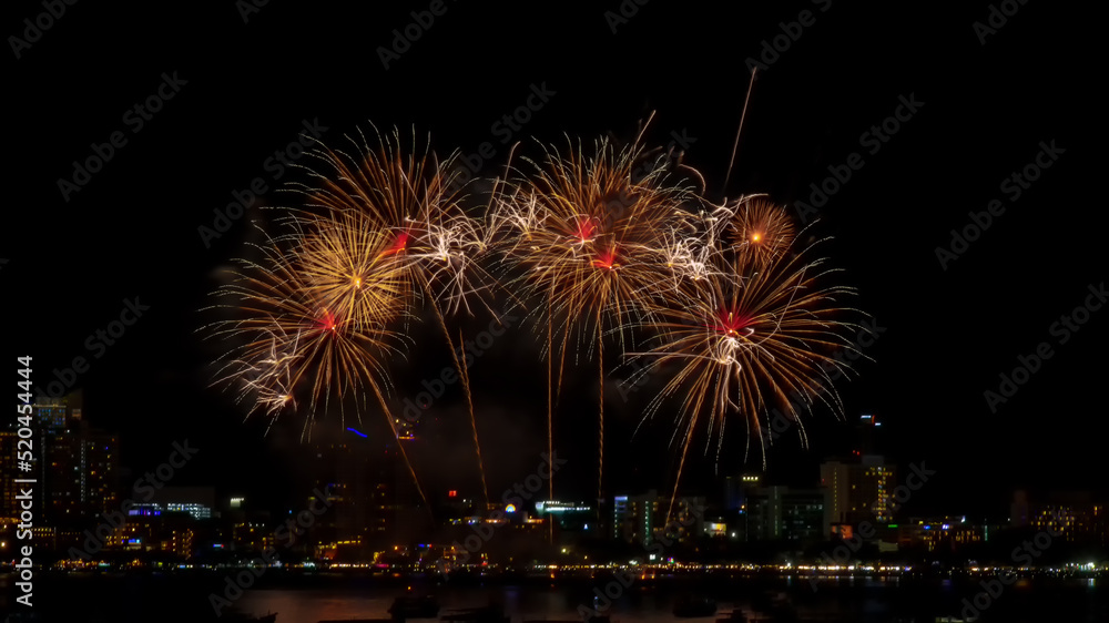 fireworks in the city. fireworks over the river. fireworks in the night sky.