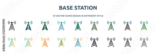 base station icon in 18 different styles such as thin line, thick line, two color, glyph, colorful, lineal color, detailed, stroke and gradient. set of base station vector for web, mobile, ui
