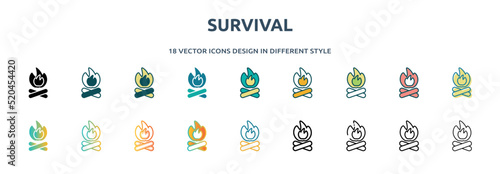 survival icon in 18 different styles such as thin line, thick line, two color, glyph, colorful, lineal color, detailed, stroke and gradient. set of survival vector for web, mobile, ui