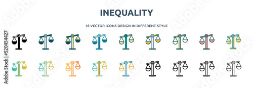 inequality icon in 18 different styles such as thin line, thick line, two color, glyph, colorful, lineal color, detailed, stroke and gradient. set of inequality vector for web, mobile, ui