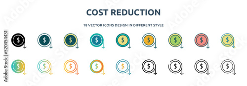 cost reduction icon in 18 different styles such as thin line, thick line, two color, glyph, colorful, lineal color, detailed, stroke and gradient. set of cost reduction vector for web, mobile, ui