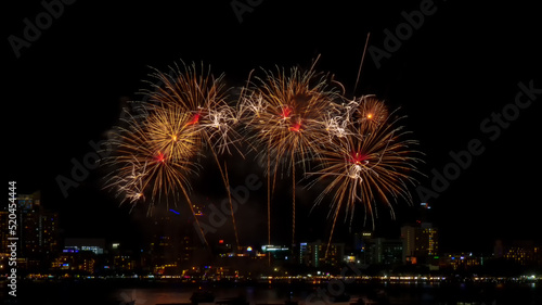 fireworks in the city. fireworks over the river. fireworks in the night sky.