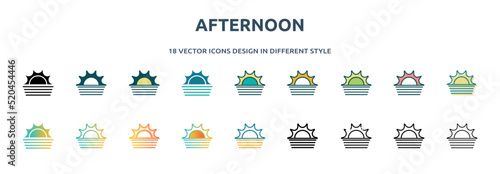 afternoon icon in 18 different styles such as thin line, thick line, two color, glyph, colorful, lineal color, detailed, stroke and gradient. set of afternoon vector for web, mobile, ui