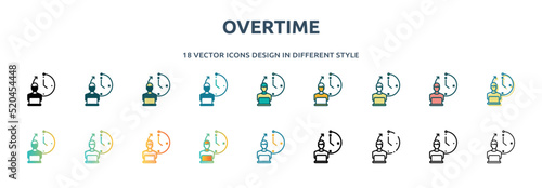 overtime icon in 18 different styles such as thin line, thick line, two color, glyph, colorful, lineal color, detailed, stroke and gradient. set of overtime vector for web, mobile, ui