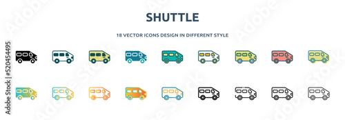 shuttle icon in 18 different styles such as thin line, thick line, two color, glyph, colorful, lineal color, detailed, stroke and gradient. set of shuttle vector for web, mobile, ui