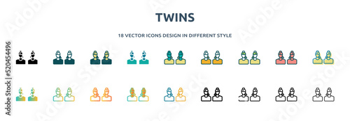 twins icon in 18 different styles such as thin line, thick line, two color, glyph, colorful, lineal color, detailed, stroke and gradient. set of twins vector for web, mobile, ui