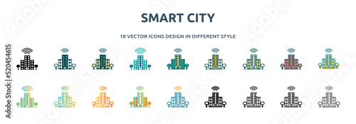 smart city icon in 18 different styles such as thin line, thick line, two color, glyph, colorful, lineal color, detailed, stroke and gradient. set of smart city vector for web, mobile, ui