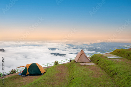 Beautiful summer landscape camp. Mountains at the sunrise at Phu Thap Boek, Phetchabun, in Thailand. Nature wallpaper
