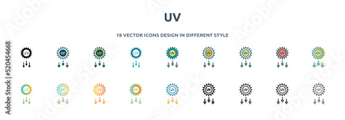uv icon in 18 different styles such as thin line, thick line, two color, glyph, colorful, lineal color, detailed, stroke and gradient. set of uv vector for web, mobile, ui