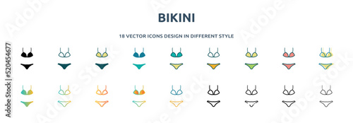 bikini icon in 18 different styles such as thin line, thick line, two color, glyph, colorful, lineal color, detailed, stroke and gradient. set of bikini vector for web, mobile, ui