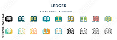 ledger icon in 18 different styles such as thin line, thick line, two color, glyph, colorful, lineal color, detailed, stroke and gradient. set of ledger vector for web, mobile, ui