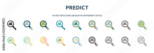 predict icon in 18 different styles such as thin line, thick line, two color, glyph, colorful, lineal color, detailed, stroke and gradient. set of predict vector for web, mobile, ui
