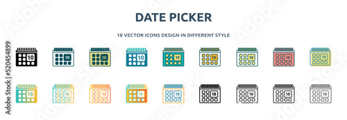 date picker icon in 18 different styles such as thin line, thick line, two color, glyph, colorful, lineal color, detailed, stroke and gradient. set of date picker vector for web, mobile, ui