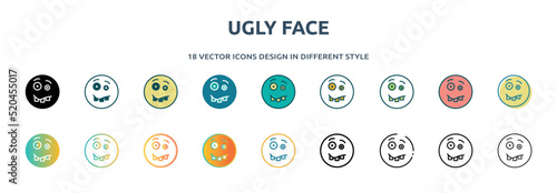 ugly face icon in 18 different styles such as thin line, thick line, two color, glyph, colorful, lineal color, detailed, stroke and gradient. set of ugly face vector for web, mobile, ui