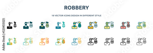 robbery icon in 18 different styles such as thin line, thick line, two color, glyph, colorful, lineal color, detailed, stroke and gradient. set of robbery vector for web, mobile, ui