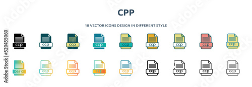 cpp icon in 18 different styles such as thin line, thick line, two color, glyph, colorful, lineal color, detailed, stroke and gradient. set of cpp vector for web, mobile, ui photo