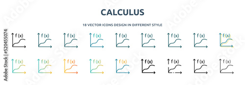 calculus icon in 18 different styles such as thin line, thick line, two color, glyph, colorful, lineal color, detailed, stroke and gradient. set of calculus vector for web, mobile, ui