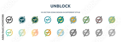 unblock icon in 18 different styles such as thin line, thick line, two color, glyph, colorful, lineal color, detailed, stroke and gradient. set of unblock vector for web, mobile, ui