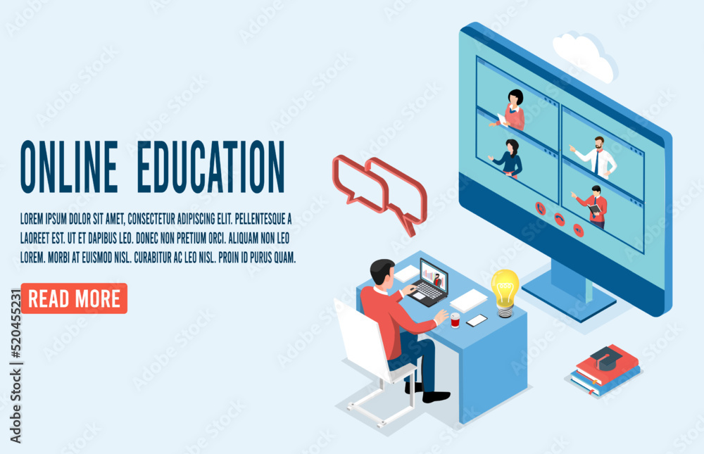 3D isometric Online learning concept. Can use for web banner or infographics. Vector illustration eps10