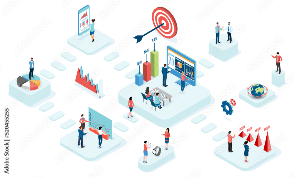 3D isometric business workflow with data Investment, Project management, business communication graphs and papers.  vector illustration eps10.
