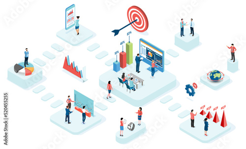 3D isometric business workflow with data Investment  Project management  business communication graphs and papers.  vector illustration eps10.