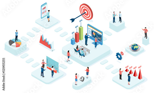 3D isometric business workflow with data Investment, Project management, business communication graphs and papers. vector illustration eps10.