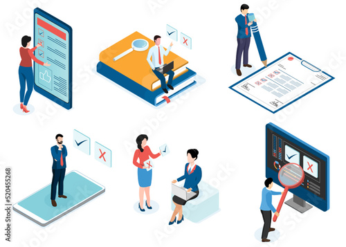 3D isometric Business activities concept with office workers process a work scheduling, planning. Modern trendy concepts for web sites and mobile web sites. Vector illustration eps10