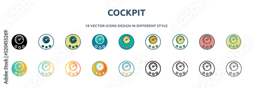 cockpit icon in 18 different styles such as thin line, thick line, two color, glyph, colorful, lineal color, detailed, stroke and gradient. set of cockpit vector for web, mobile, ui