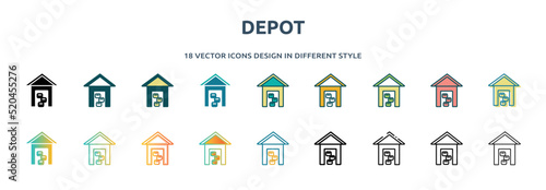 depot icon in 18 different styles such as thin line, thick line, two color, glyph, colorful, lineal color, detailed, stroke and gradient. set of depot vector for web, mobile, ui