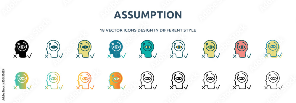 assumption icon in 18 different styles such as thin line, thick line, two color, glyph, colorful, lineal color, detailed, stroke and gradient. set of assumption vector for web, mobile, ui - obrazy, fototapety, plakaty 