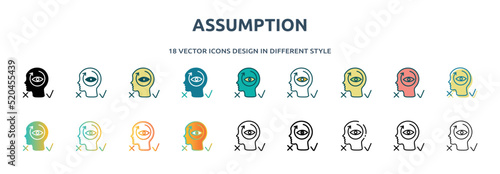 assumption icon in 18 different styles such as thin line, thick line, two color, glyph, colorful, lineal color, detailed, stroke and gradient. set of assumption vector for web, mobile, ui