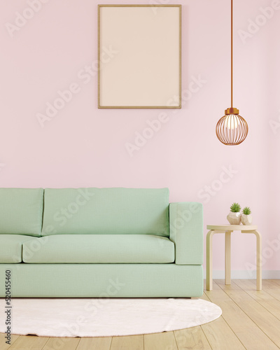 Renderização 3d de sala de estar com tonalidade clara, parede rosa e sofá claro. Tudo para deixar o ambiente mais aconchegante, elegante e confortável. photo