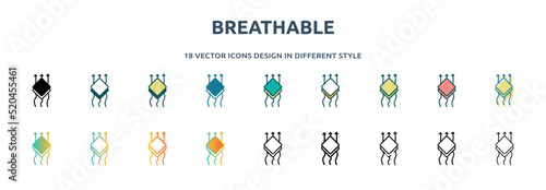 breathable icon in 18 different styles such as thin line, thick line, two color, glyph, colorful, lineal color, detailed, stroke and gradient. set of breathable vector for web, mobile, ui