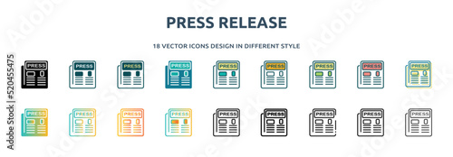 press release icon in 18 different styles such as thin line, thick line, two color, glyph, colorful, lineal color, detailed, stroke and gradient. set of press release vector for web, mobile, ui
